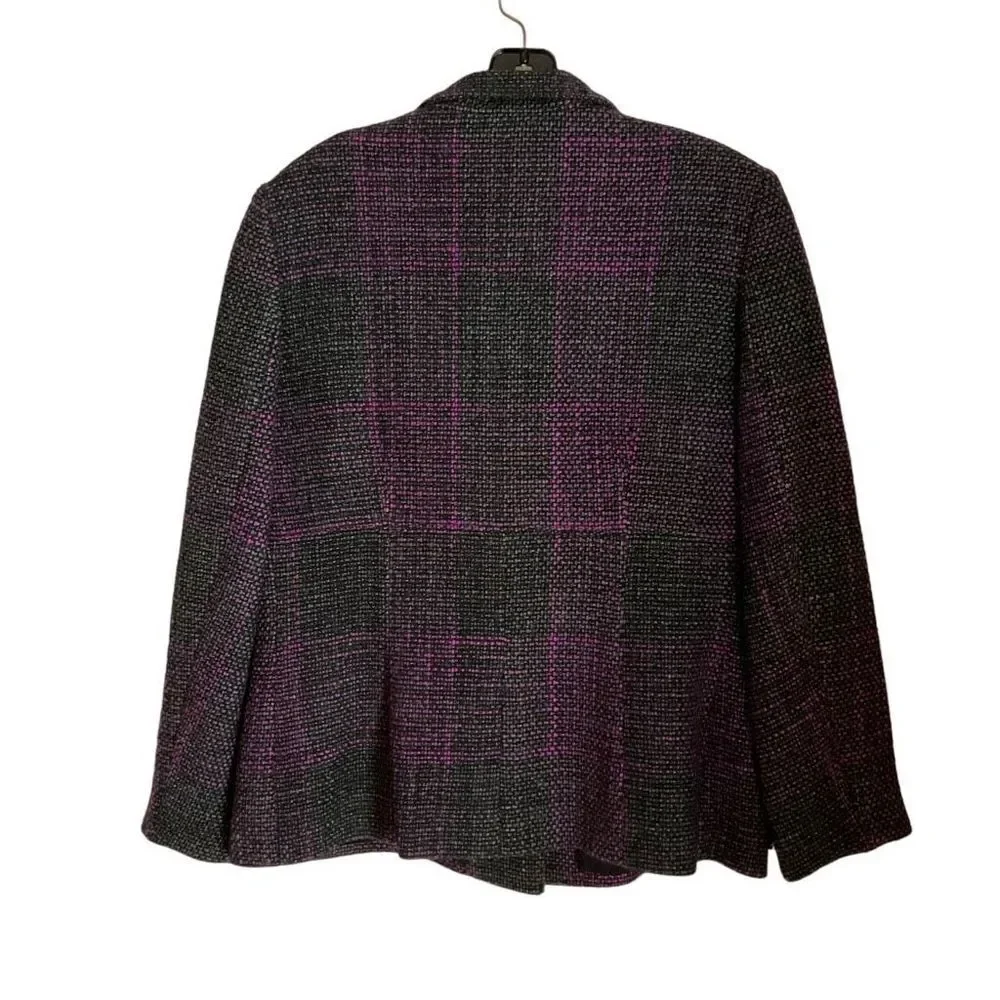 Carlisle Jacket Tweed Wool Blend Button Snap Front Black Pink Grey Weave Size 14